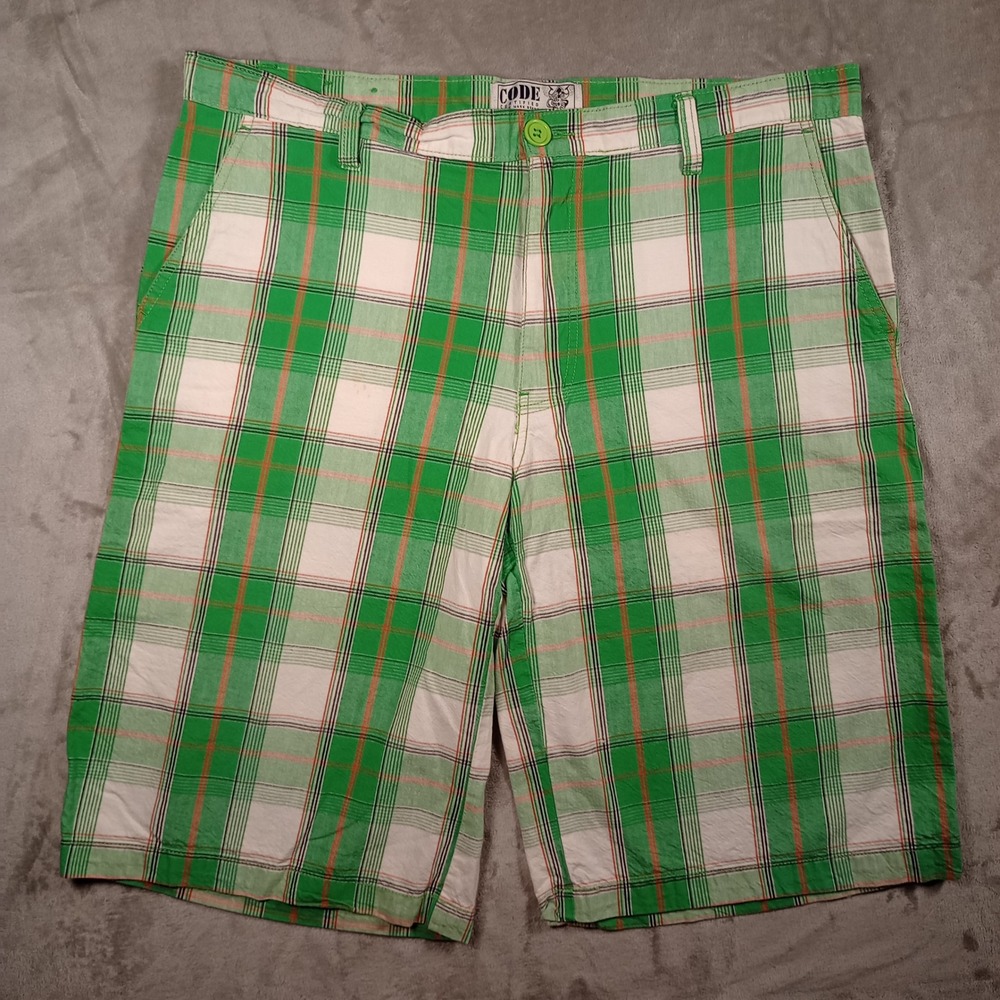 Code Plaid Shorts Mens 38 Green Madras Flat Front Cotton Summer Golf Skater - Picture 1 of 10